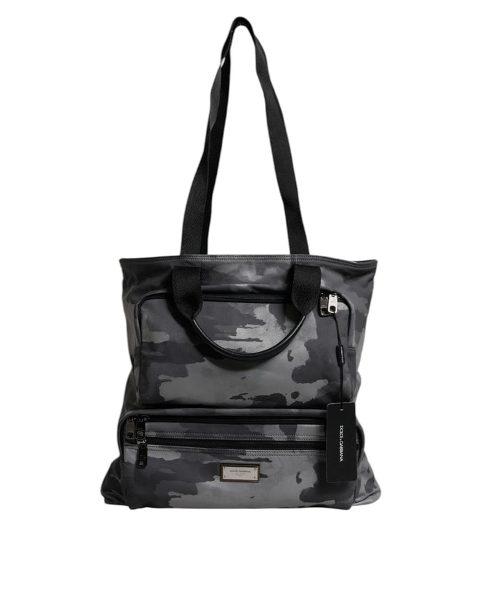 Gray Camo Cotton Multiple Compartments Tote Bag