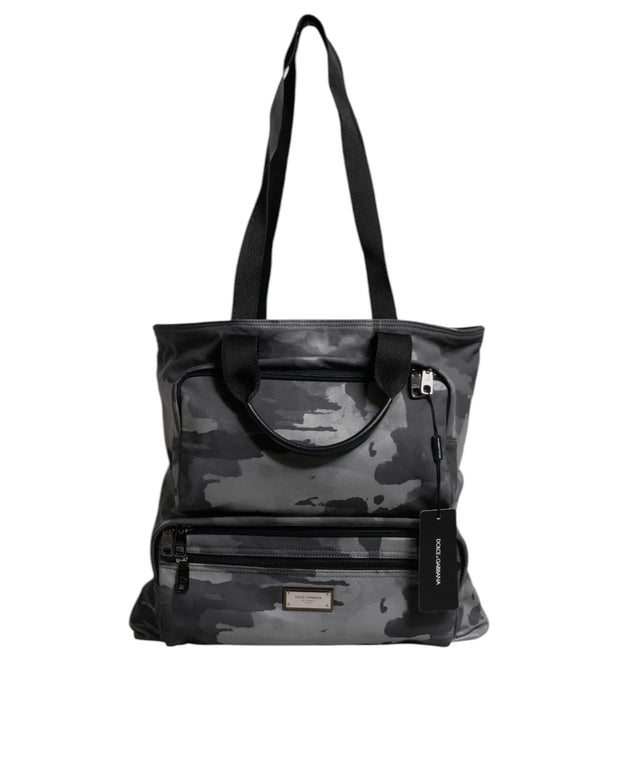 Gray Camo Cotton Multiple Compartments Tote Bag