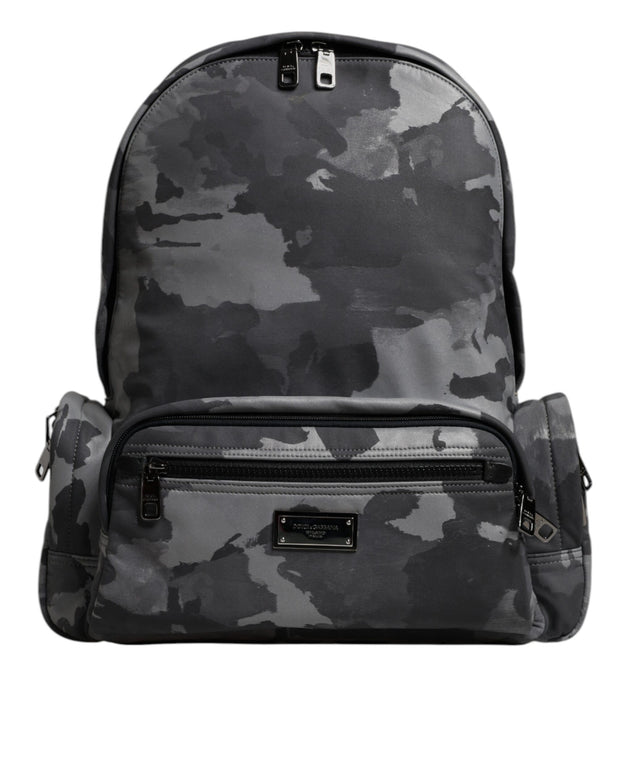 Gray Cotton Camouflage Logo Plaque Backpack Bag