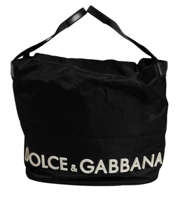 Black Nylon White Iconic Logo Shoulder Bucket Bag