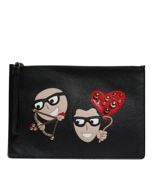 Black #DGFamily Embellished Leather Clutch Bag