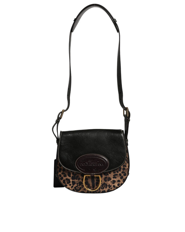Black Brown Leopard Leather Shoulder Strap Bag
