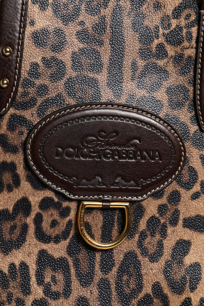 Brown Leopard Leather Shoulder Strap Tote Bag