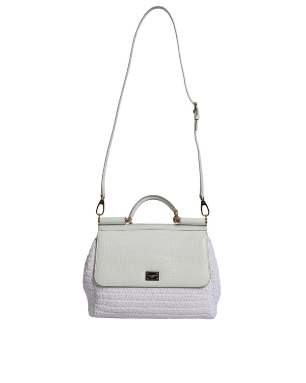 White Rafia Leather Top Handle Crossbody Bag
