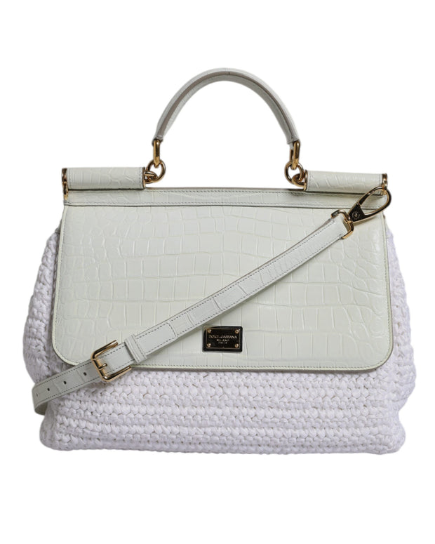 White Rafia Leather Top Handle Crossbody Bag