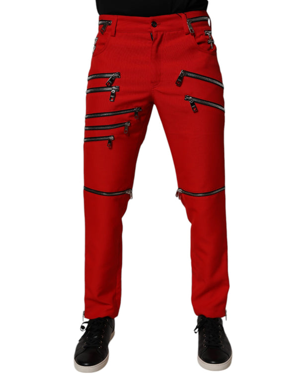 Red Zipper Embellished Straight Pants