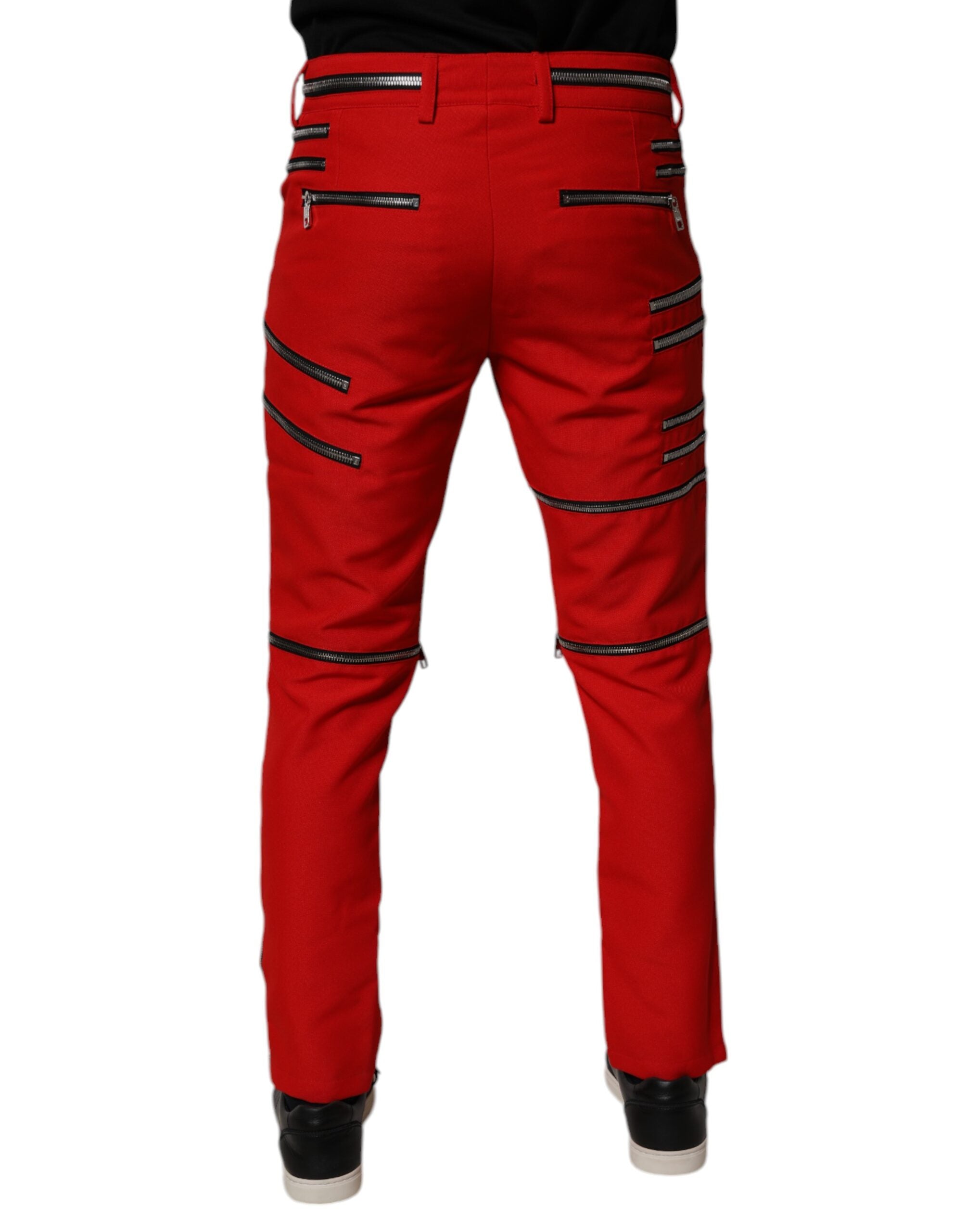 Red Zipper Embellished Straight Pants