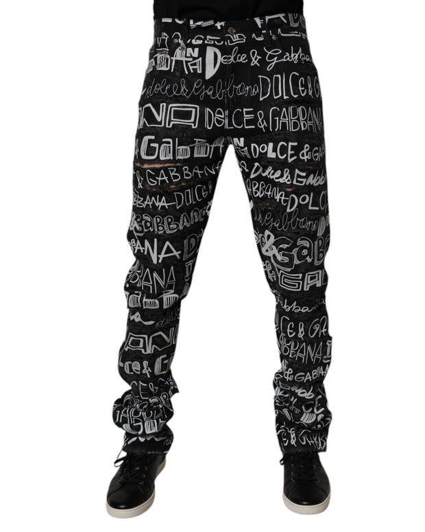 Black Cotton Logo Print Straight Denim Jeans
