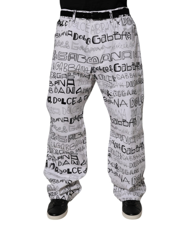 White Logo Print Straight Men Denim Jeans