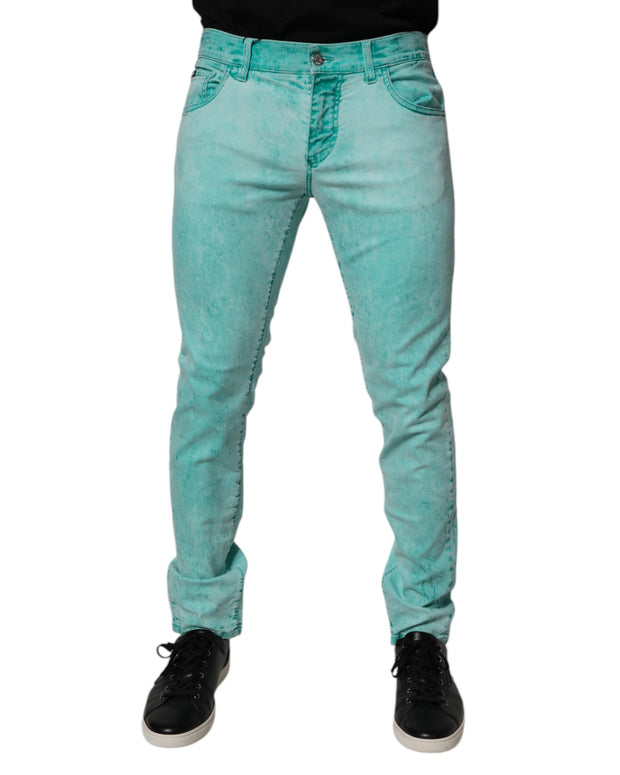 Green Tie Dye Cotton Skinny Men Denim Jeans