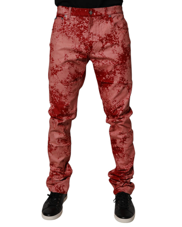 Red Tie Dye Cotton Skinny Men Denim Jeans