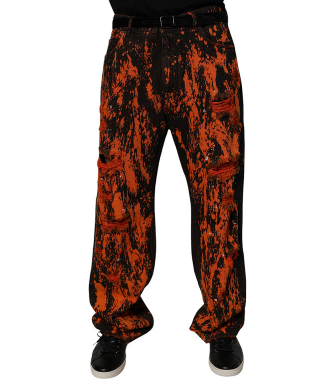 Black Red Tie Dye Cotton Straight Denim Jeans
