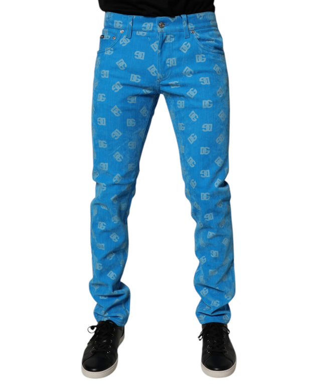 Blue Logo Monogram Cotton Skinny Denim Jeans