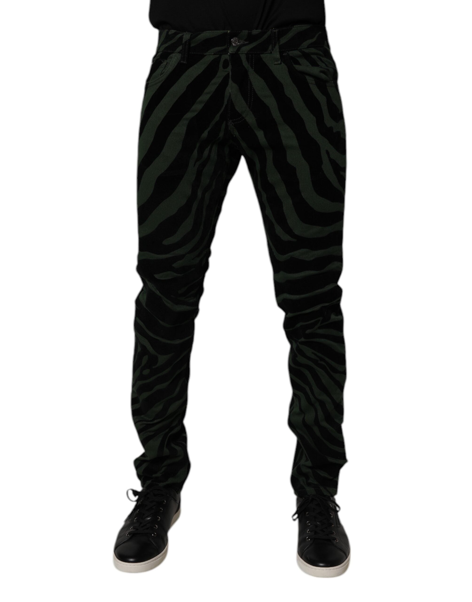 Black Green Stripes Cotton Skinny Denim Jeans