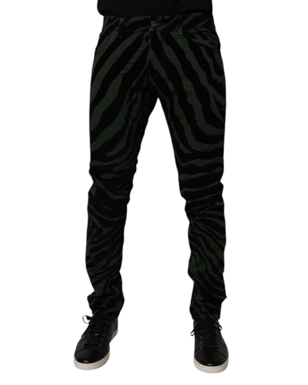 Black Green Stripes Cotton Skinny Denim Jeans