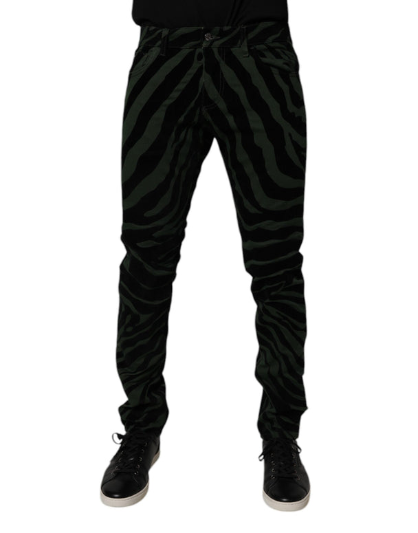 Black Green Stripes Cotton Skinny Denim Jeans