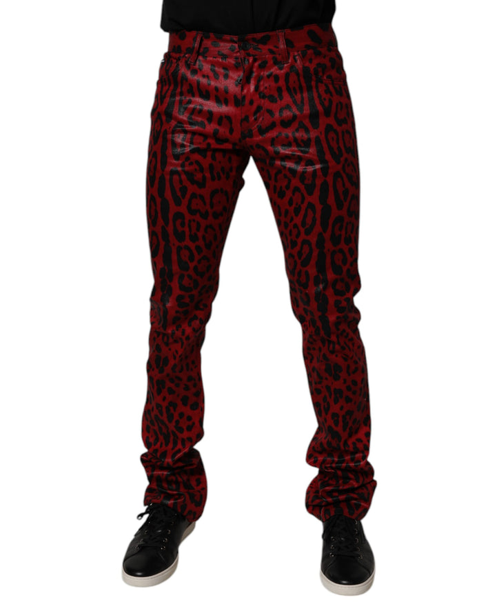 Red Leopard Cotton Slim Fit Denim Jeans