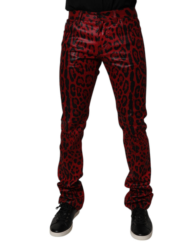 Red Leopard Cotton Slim Fit Denim Jeans