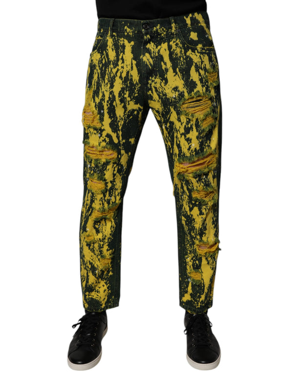 Black Yellow Tie Dye Tattered Skinny Men Denim Jeans