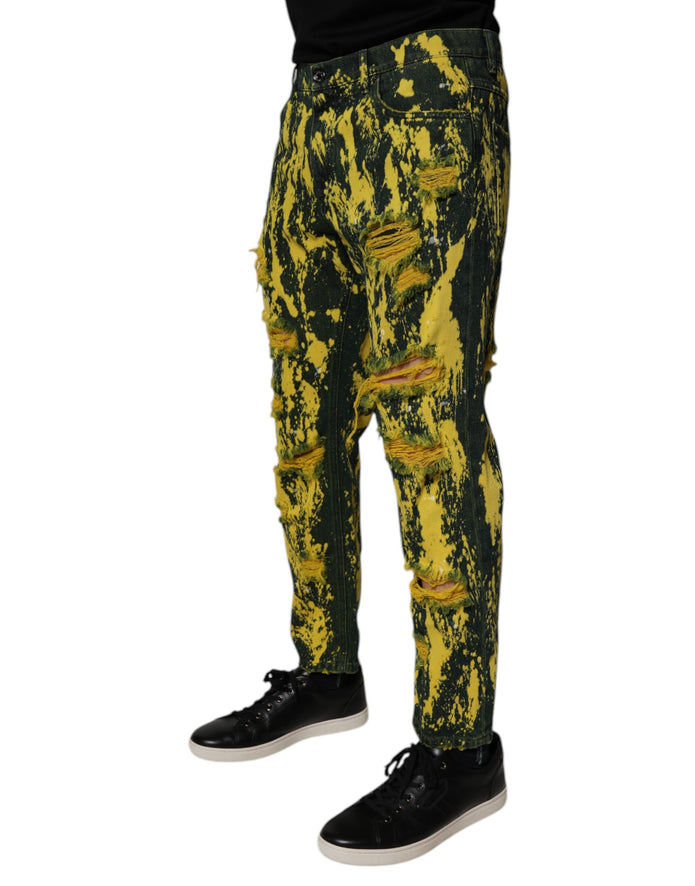 Black Yellow Tie Dye Tattered Skinny Men Denim Jeans