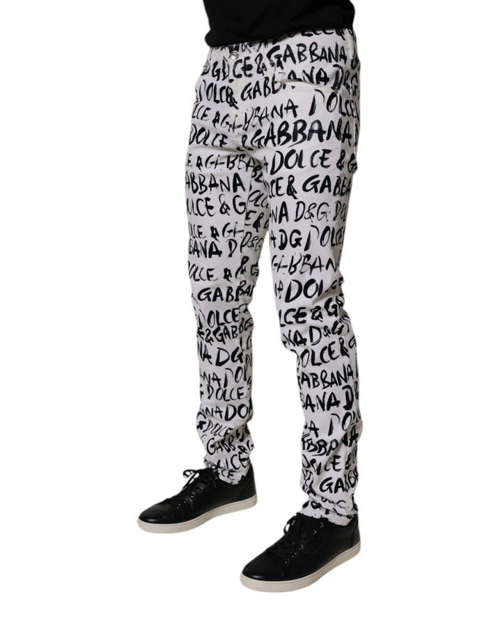 White Cotton Logo Print Skinny Denim Jeans