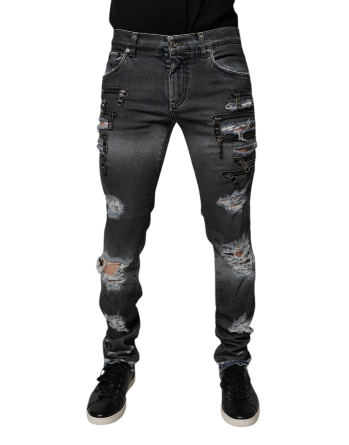 Dark Gray Tattered Cotton Skinny Denim Jeans