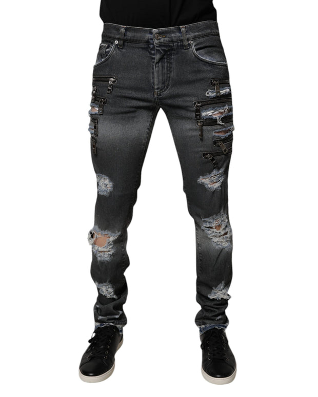 Dark Gray Tattered Cotton Skinny Denim Jeans