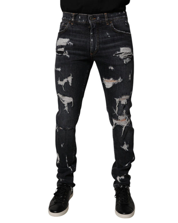 Black Tattered Cotton Skinny Men Denim Jeans