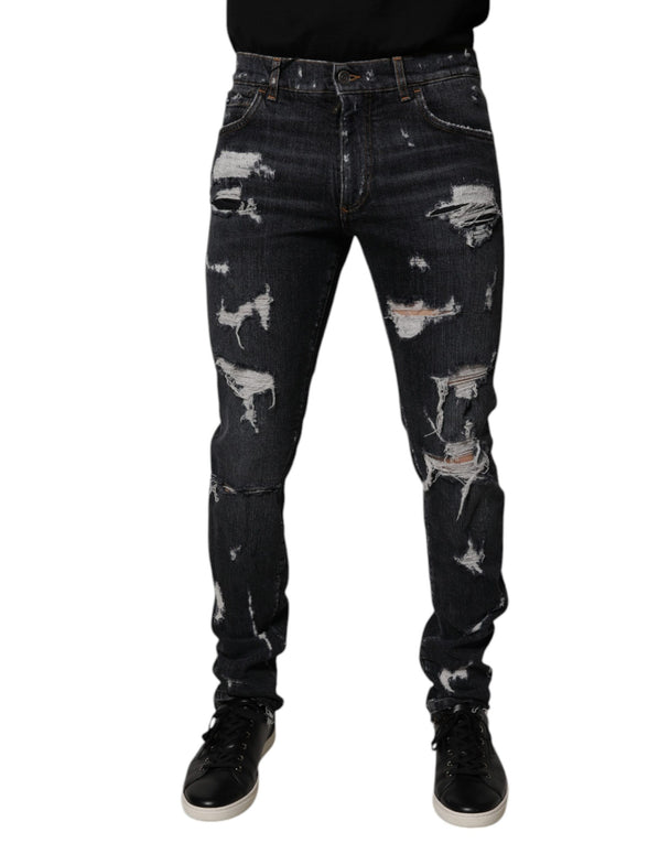 Black Tattered Cotton Skinny Men Denim Jeans