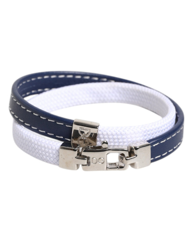 Blue White Leather Trimmed DG Engraved Silver Tone Clasp Bracelet