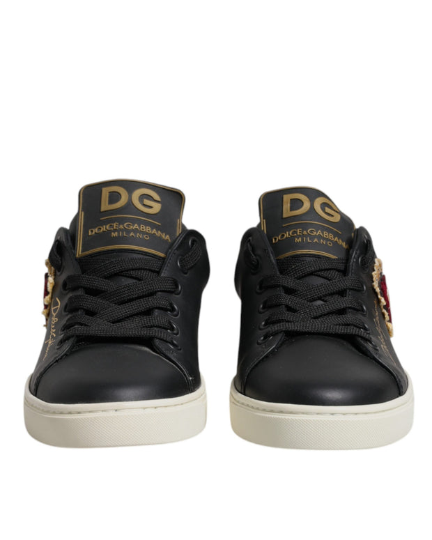 Black Leather Gold Red Heart Sneakers Shoes