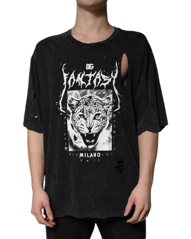 Black Graphic Print Cotton Crew Neck T-shirt