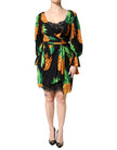 Black Silk Pineapple Draped Print Wrap Dress