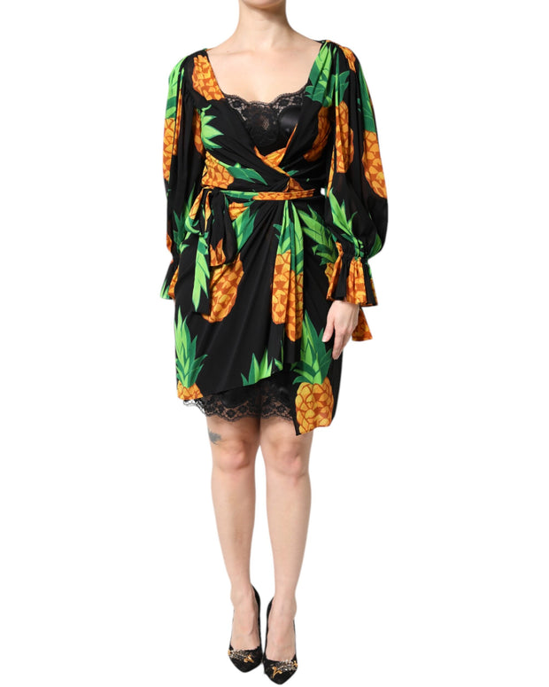 Black Silk Pineapple Draped Print Wrap Dress