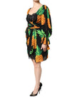 Black Silk Pineapple Draped Print Wrap Dress