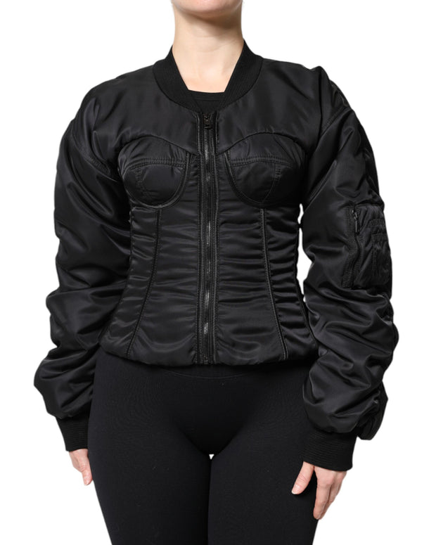Black Nylon Full Zip Bustier Corset Jacket