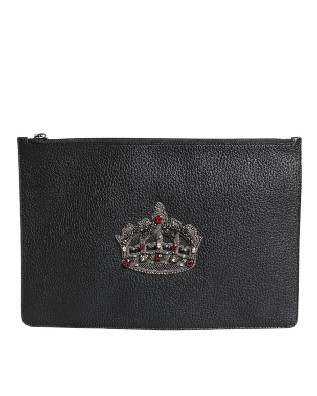 Black Calfskin Crown Embellished Clutch Pouch Bag