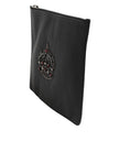 Black Calfskin Crown Embellished Clutch Pouch Bag
