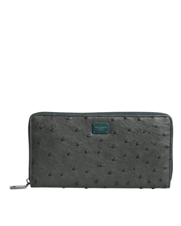 Green Ostrich Logo Plaque Zip Around Continental Wallet