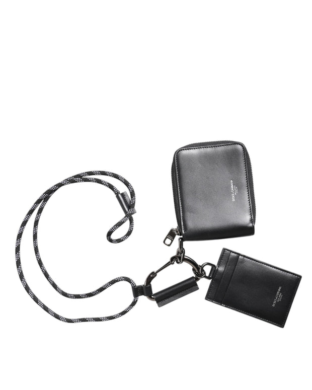 Black Leather Lanyard Zip Around Card Holder Wallet