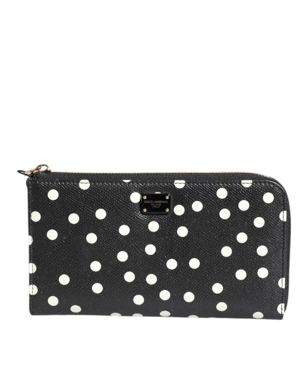 Black White Dotted Leather Zip Around Continental Wallet
