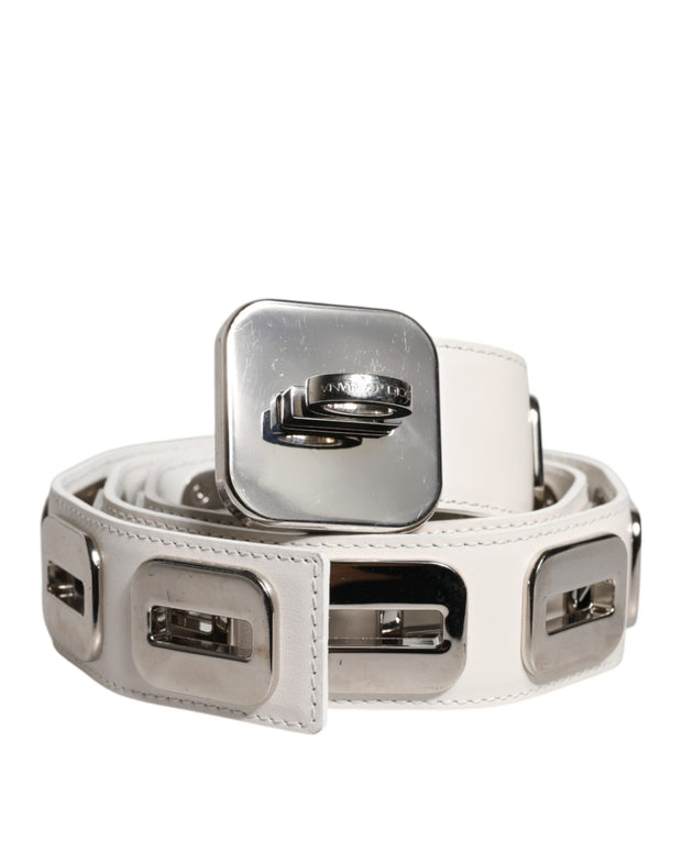 White Leather Gold Tone Rotating Buckle Belt