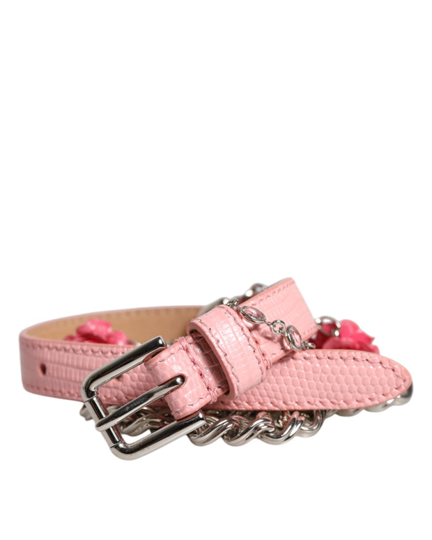 Pink Embelished Roses Textured Leather Belt
