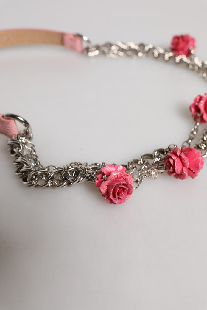 Pink Embelished Roses Textured Leather Belt