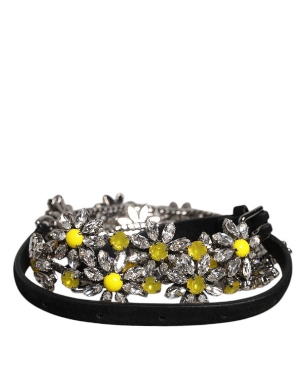 Black Leather Daisy Crystal Embellish Waist Belt