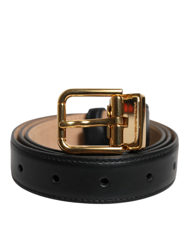 Black Leather Logo Metal Waist Buckle Belt