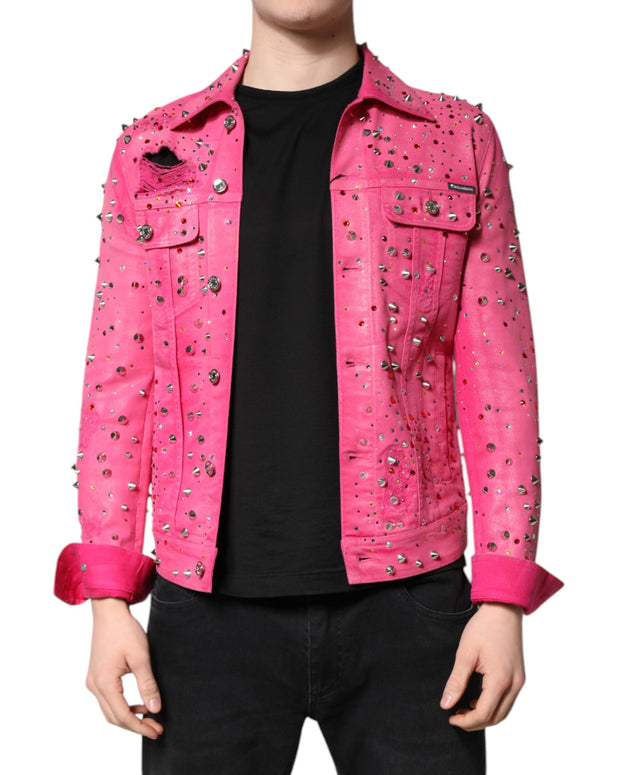 Pink Crystal Embellished Cotton Denim Jacket