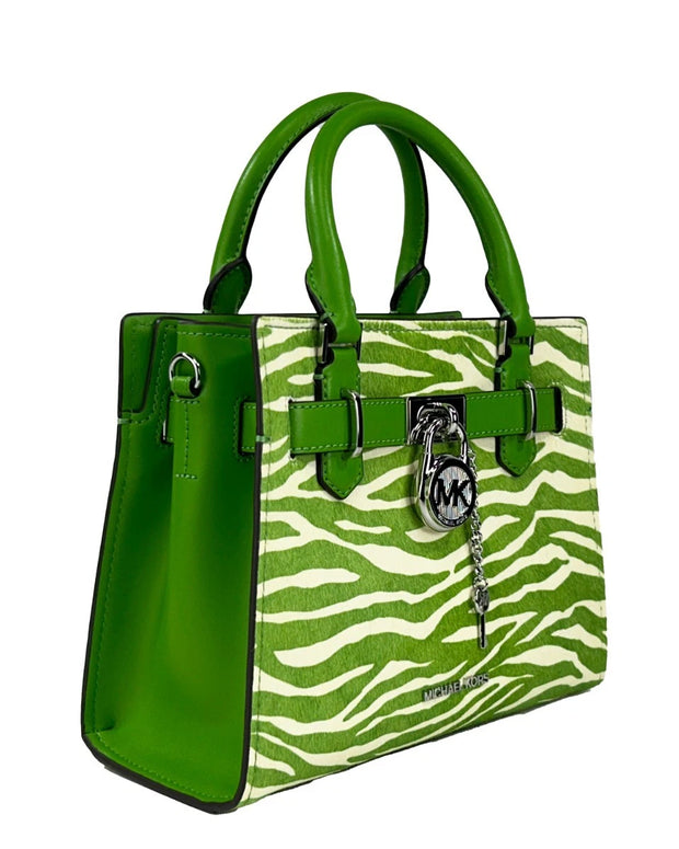 Hamilton Small Leather Zebra Print Satchel Crossbody Jungle Green