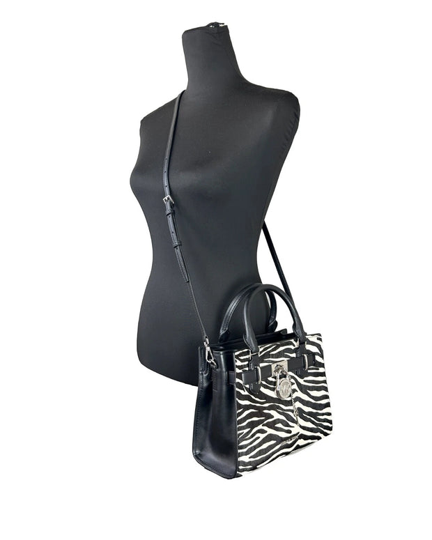 Hamilton Small Leather Zebra Print Satchel Crossbody Black/White