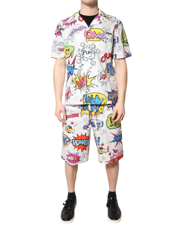 White Cartoon Print Cotton Men Pajama Set Sleepwear